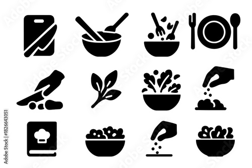 Cooking Icon Set. Cooking process. Solid icon set of Cooking process: cutting board, knife, mixing bowl, salad toss, plate, fork, spoon, chopping vegetables,