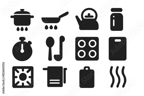 Cooking Icon Set. Cooking setup. Solid icon set of Cooking setup: pot on burner, pan on stove, kettle, spice jar, timer, spoon, ladle, stove top, burner grate,