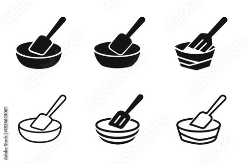 Cooking Logo Icons. Cooking techniques. Icon set. Set Logo of cooking techniques: layered pan and spatula. harmonious logo variations of the same emblematic