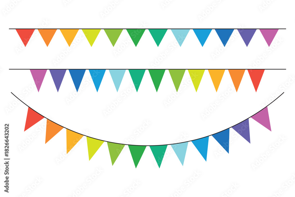 Fototapeta premium Bunting Flag Decoration. Colorful bunting flags birthday, celebration, carnival, anniversary and holiday party on white background. Decorative colorful party flags. Triangle pennants chain.