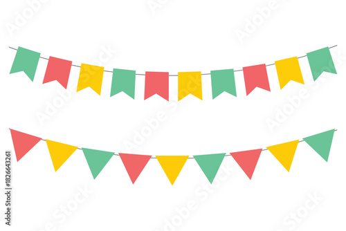 Bunting Flag Decoration. Colorful bunting flags birthday, celebration, carnival, anniversary and holiday party on white background. Decorative colorful party flags. Triangle pennants chain.