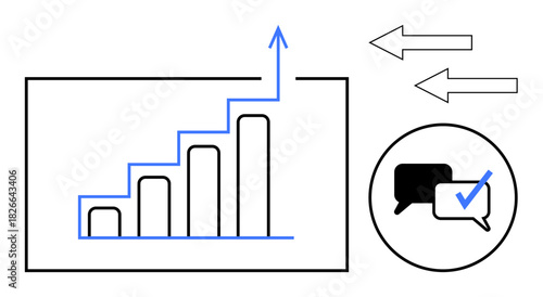 Rising bar graph with upward arrow, dialog bubbles with checkmark, arrows indicating exchange. Ideal for growth, communication, progress, feedback, analytics strategy teamwork. Minimal flat