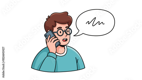 A young man with glasses talking on a mobile phone, a cartoon character illustration. Vector graphic of a person engaged in a voice conversation