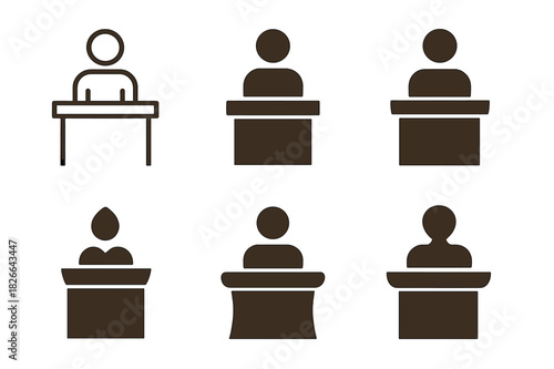 Courtroom Logo Variations. Courtroom scene with defendant. Icon set. Set Logo of courtroom: defendant standing at bench. harmonious logo variations of the same