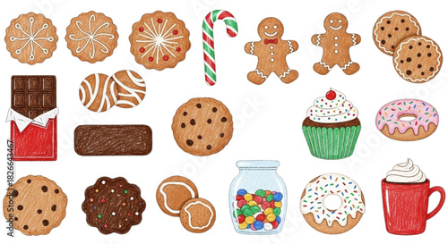 Festive winter holiday sweets concept with a variety of illustrated cookies, candy, and desserts