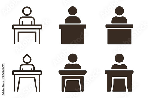 Courtroom Logo Variations. Courtroom scene with defendant. Icon set. Set Logo of courtroom: defendant standing at bench. harmonious logo variations of the same