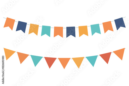 Bunting Flag Decoration. Colorful bunting flags birthday, celebration, carnival, anniversary and holiday party on white background. Decorative colorful party flags. Triangle pennants chain.