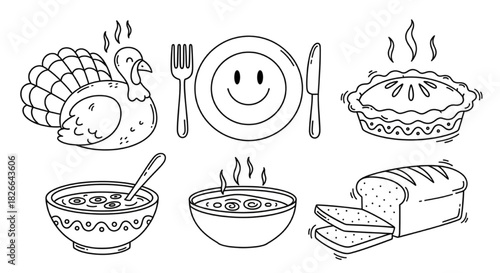 Hand-drawn icons of festive holiday meal items turkey, pie, soup, bread, perfect for celebration concepts