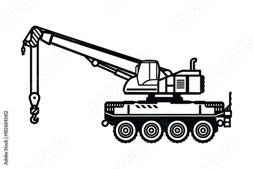 Mobile crane silhouette with extendable boom and hook, isolated on white background