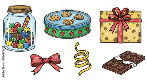 Festive Holiday Treats Colorful Jar, Cookies, Gift Box, Bow, Ribbon, and Chocolate