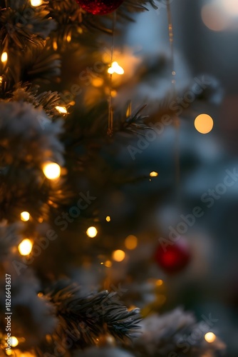 Close-Up of Christmas Tree with Lights and Red Ornaments