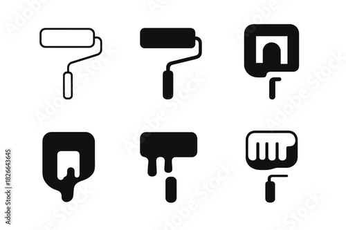 Creative Mural Logos. Creative mural painting. Icon set. Set Logo of paint roller. harmonious logo variations of the same emblematic concept (Minimal outline,