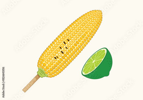 Grilled corn on the cob with a lime wedge on a light background