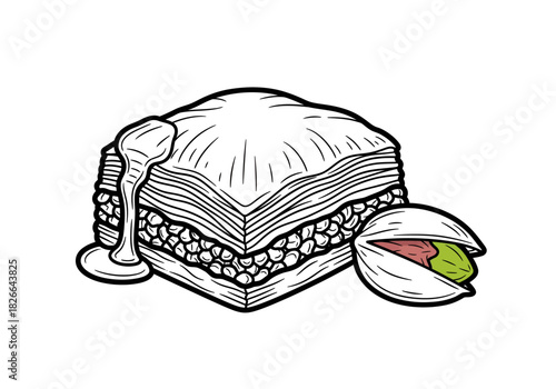 Line art illustration of a square piece of baklava with syrup and a pistachio nut