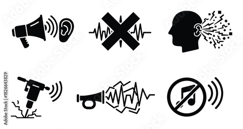 Noise sound icons set, silent zone symbol, loud speaker and ear black glyph pictograms isolated on white background