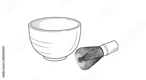 Line drawing of a tea bowl and a bamboo whisk on a white background