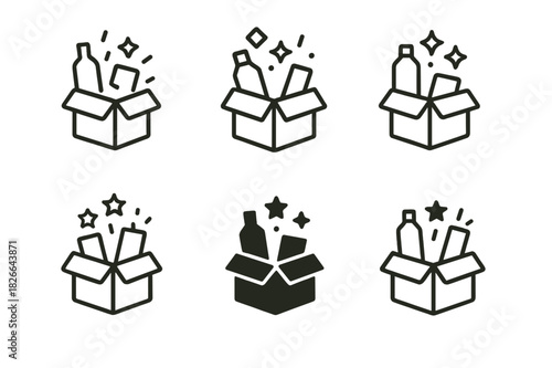 Creative Subscription Box Icons. Subscription boxes. Icon set. Set Logo of subscription boxes: box opening with surprise items. harmonious logo variations of