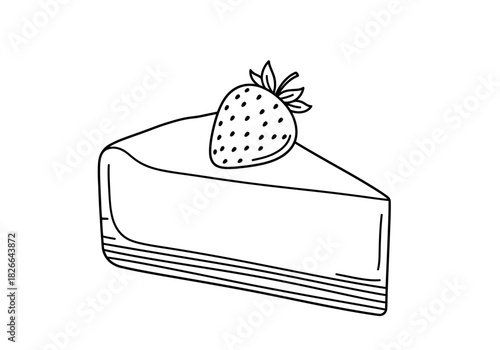 Outline drawing of a slice of cheesecake topped with a strawberry
