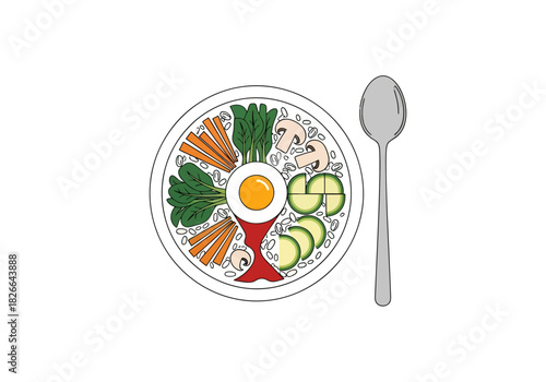Overhead view of a bowl of bibimbap next to a spoon on a white background
