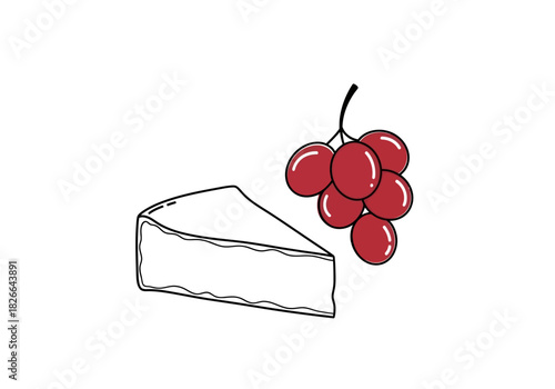 A line drawing of a cheese wedge next to a bunch of red grapes