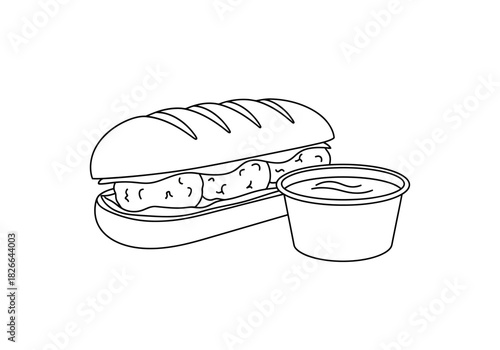 Black and white line art of a submarine sandwich with smiling contents and a dipping sauce cup