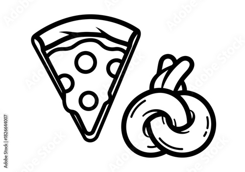 Black and white line art of a pizza slice and a pretzel