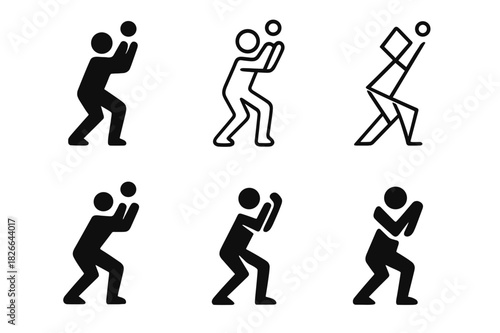 Cricket Icon Set. Cricket. Icon set. Set Logo of Cricket: Fielder Catching. harmonious logo variations of the same emblematic concept (Iconic shape, Filled