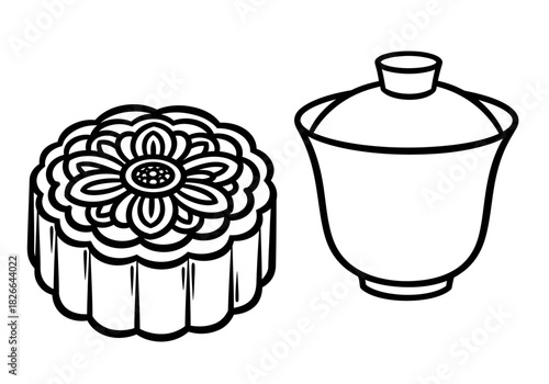 Black and white line art of a mooncake and a lidded teacup