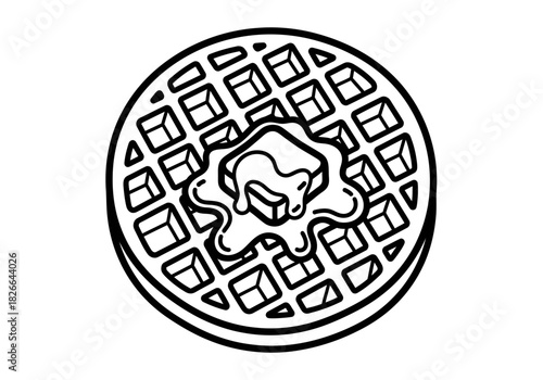 Black and white line art of a round waffle topped with melting butter