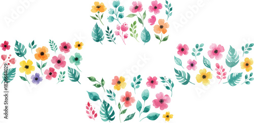 Watercolor floral elements vibrant colorful spring flowers leaves