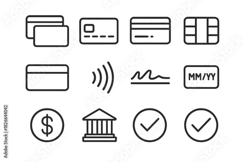 Credit Card Icons. Credit Card Stack. Line icon set of Credit Card Stack: card stack, credit card front, credit card back, chip, magnetic stripe, contactless