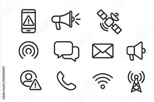Crisis Communication Icons. Crisis communication. Line icon set of crisis communication: smartphone alert, megaphone, satellite, radio, signal wave, chat