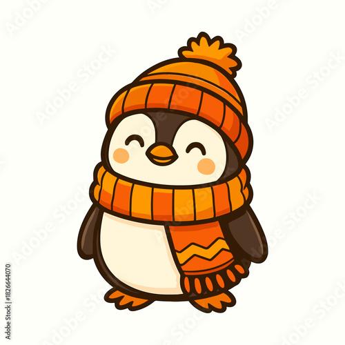 Cartoon penguin wearing a hat and scarf smiles warmly