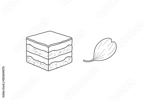 Black and white line drawing of a layered pastry square beside a small leaf