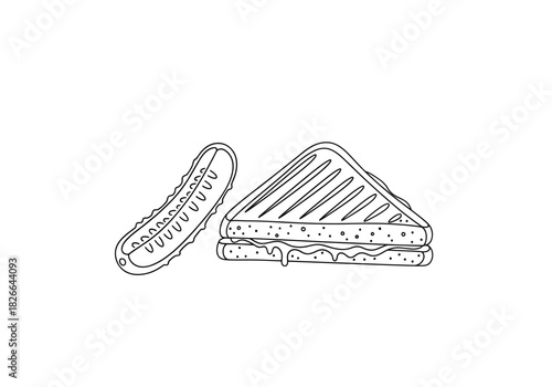 Black and white line drawing of a grilled sandwich and a pickle