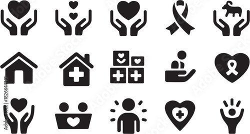 Medical health care hospital icon set. Vector glyph pictograms of medical, health, hospital, emergency, and treatment silhouettes