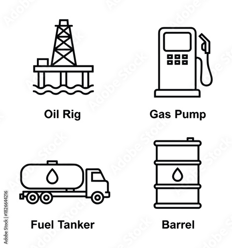 Oil industry and fossil fuel production line icons set including oil rig gas pump fuel tanker and barrel
