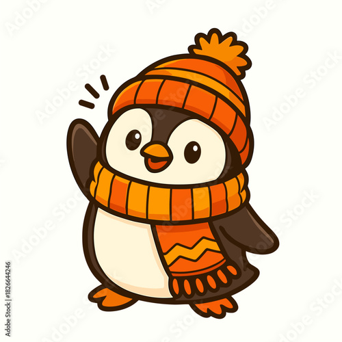 A cheerful penguin cartoon wearing a winter hat and scarf waves hello with a friendly smile