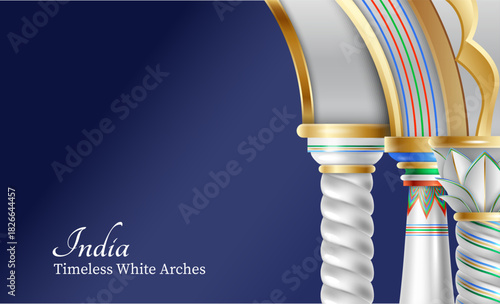 Golden arches with navy columns and arabesque details realistic