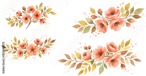 Watercolor peach flower branches with leaves, hand painted art.