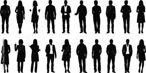 Business people silhouette vector, professional pose collection, black graphic art, corporate attire design, workplace icon set, standing figures