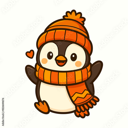 Cute cartoon penguin wearing winter hat and scarf smiling