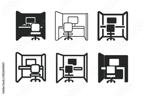 Cubicle Logo Variations. Office cubicle. Icon set. Set Logo of office cubicle: computer and chair layout. harmonious logo variations of the same emblematic