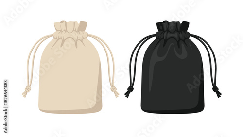 Elegant drawstring bags in black and beige for product packaging and branding mockups, offering a sophisticated touch for retail displays