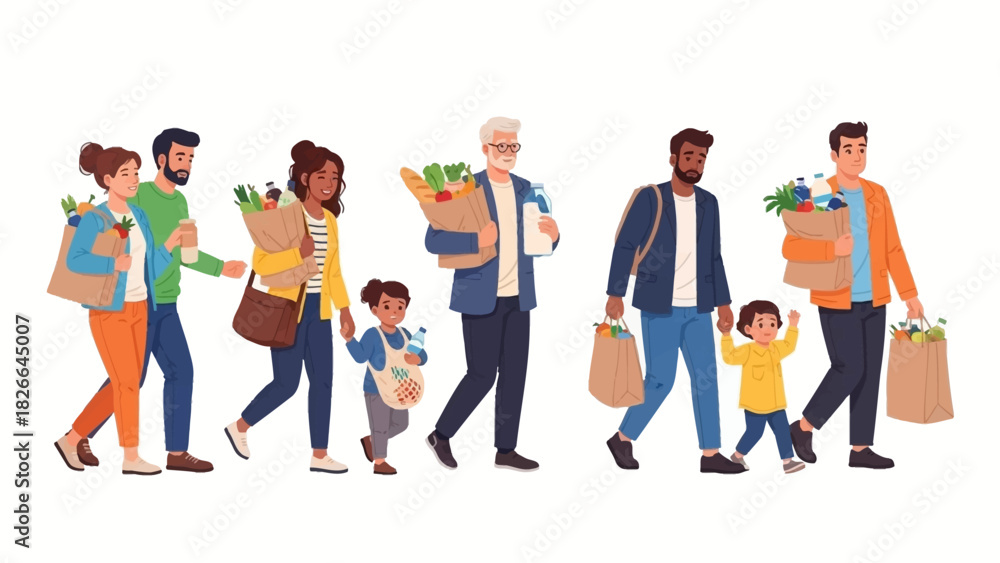Fototapeta premium Diverse families and individuals happily walking with their fresh groceries after a successful shopping trip, embodying community and healthy living together