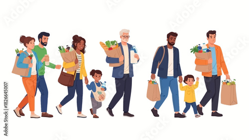 Diverse families and individuals happily walking with their fresh groceries after a successful shopping trip, embodying community and healthy living together