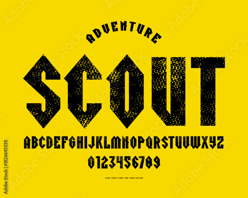 Sans serif font with rough texture. Scout and adventure style. Letters and numbers for logo and emblem design. Black print on yellow background