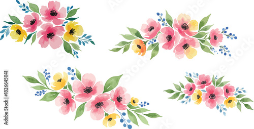 Watercolor floral arrangements set with pink and yellow bloom
