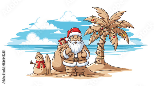 Santa Claus enjoying a tropical Christmas vacation on beach near palm tree with lights and sand snowman for cheerful holiday season