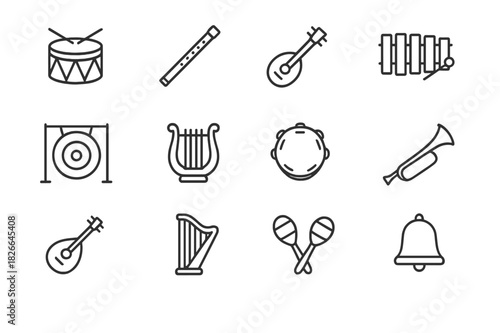 Cultural Instrument Icons. Cultural Music & Instruments. Line icon set of Cultural Music & Instruments: drum, flute, string instrument, xylophone, gong, lyre,